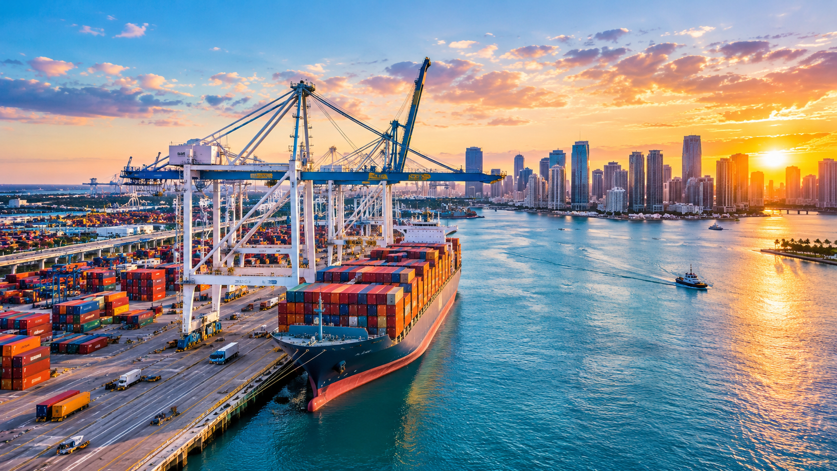 Port of Miami and the city skyline at sunset